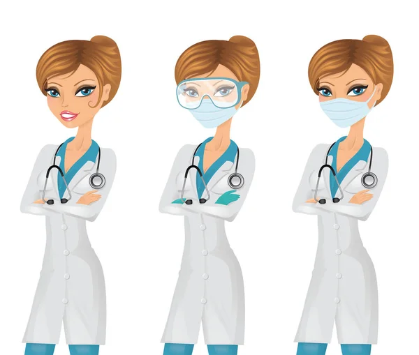 Conjunto Uma Enfermeira Usando Uma Máscara Óculos Proteção Isolado Branco —  Vetores de Stock
