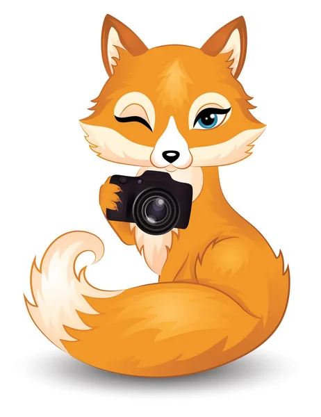 Cute Fox Holding Camera Isolated White — Stock Vector