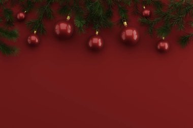 Noel ağacının dallarından Noel süslemeleri ve arka planda Noel topları olan düz kompozisyon, metin için yer