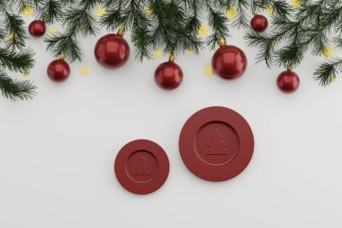 Noel ağacının dallarından Noel dekoru ve beyaz arka planda Noel topları olan düz kompozisyon, metin için yer