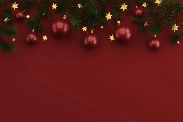 Плоская Композиция Рождественским Декором Веток Елки Рождественских Шаров Цветном Фоне — стоковое фото
