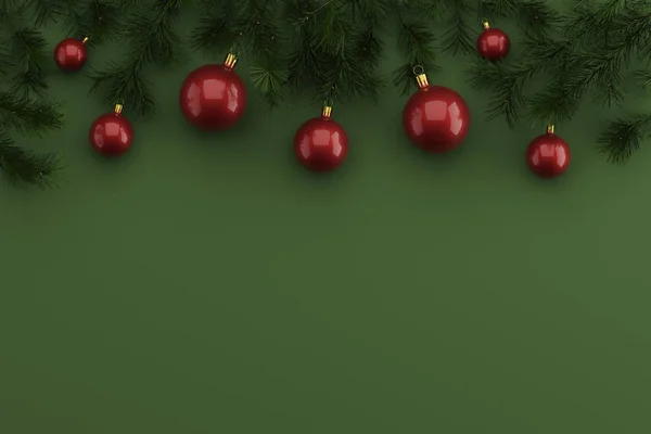 Плоская Композиция Рождественским Декором Веток Елки Рождественских Шаров Зеленом Фоне — стоковое фото