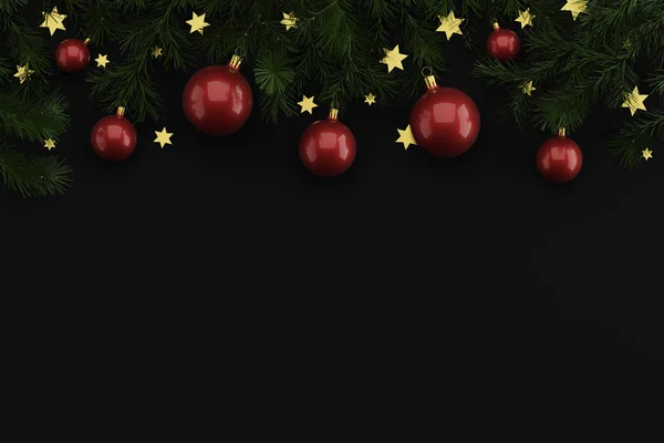 黒い背景にクリスマスツリーとクリスマスボールの枝からのクリスマスの装飾とフラット組成 テキストのための場所 — ストック写真