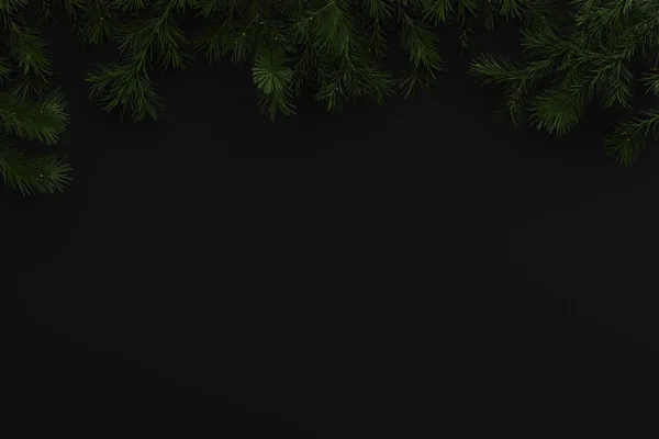 Плоска Композиція Різдвяним Декором Гілок Ялинки Різдвяних Кульок Чорному Тлі — стокове фото