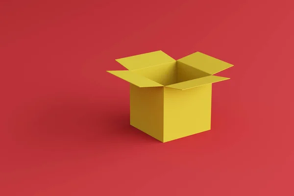 Abrir Caja Amarilla Sobre Fondo Rojo Lugar Para Texto Lugar — Foto de Stock