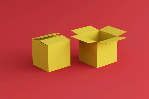 Otevřený Uzavřený Žlutý Box Červeném Pozadí Dva Boxy Místo Pro — Stock fotografie