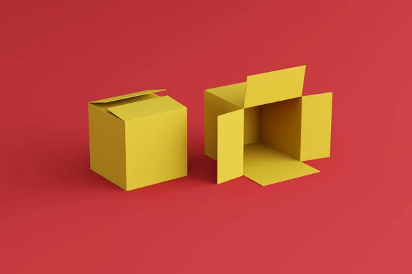 赤い背景に黄色のボックスを開いて閉じ 2つのボックス テキストのための場所 ロゴのための場所 — ストック写真