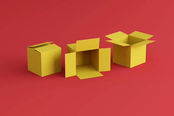 Sada Žlutých Krabic Červeném Pozadí Dvě Krabice Místo Pro Text — Stock fotografie