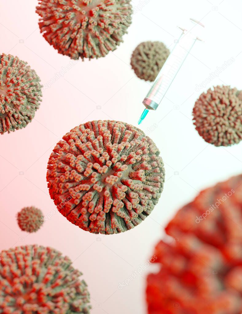 Coronavirus 2019-ncov flu infection 3D medical illustration. Coronavirus 3d rendering. Illustration showing structure of epidemic virus. Dangerous asian ncov corona virus, SARS pandemic risk concept. Icon, place for text.