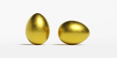 Beyaz arkaplanda izole edilmiş iki Paskalya yumurtası, afiş, simge, yazı için tabela yeri, duvar kağıdı