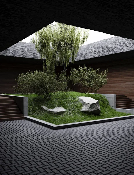 Japanese-style indoor garden with overhead lighting