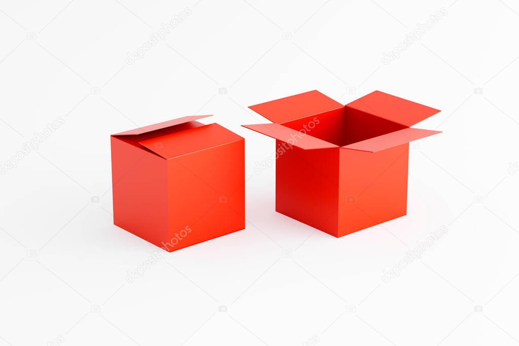 open and closed red box on a white background, two boxes, place for text, place for logo, 3d rendering
