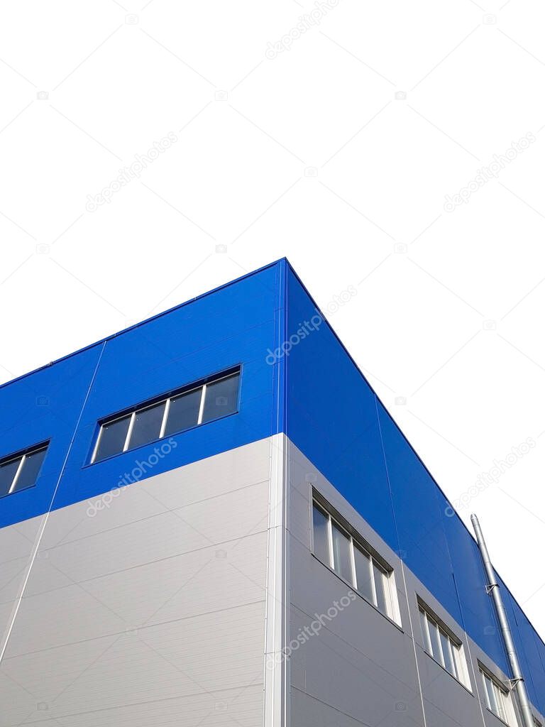 fragment of a warehouse building or factory in perspective on a white background, corner of the building