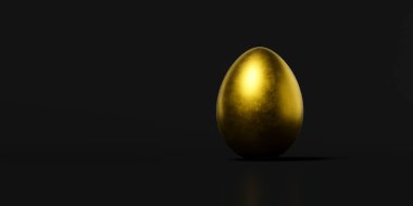 3D görüntüleme, siyah arkaplanda izole edilmiş altın yumurta, afiş, simge, metin için yer, duvar kağıdı