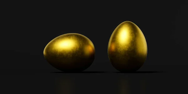 Rendering Zwei Goldene Eier Isoliert Auf Schwarzem Hintergrund Banner Symbol — Stockfoto