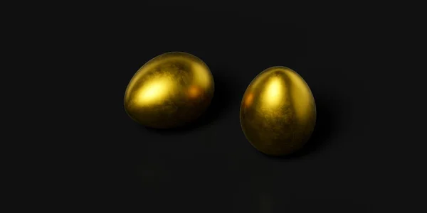 3D渲染 两个金蛋隔离在黑色背景 文字位置 壁纸上 — 图库照片