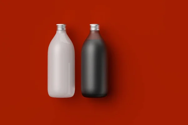 Dos Botellas Recipientes Multicolores Sobre Fondo Rojo Representación Banner Web — Foto de Stock