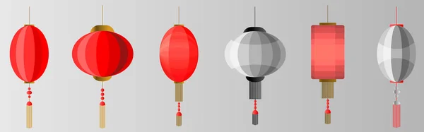 Set vettoriale di diverse lanterne cinesi rotonde, cilindriche e di forma quadrata. Immagine di varie festività cinesi . — Vettoriale Stock