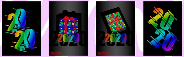 Conjunto de elegantes tarjetas de felicitación o folletos Feliz Navidad y Año Nuevo 2020. Gradiente con una imagen de una caja de regalo con una cinta. Color del arco iris . — Vector de stock