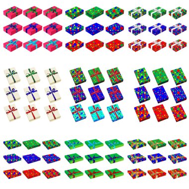 Tatil kurdeleli hediye kutularının resimleri. Farklı renkte kutular ve kurdeleler olan büyük bir set. Yeni yıl, Noel ve doğum günleri için vektör illüstrasyonu.