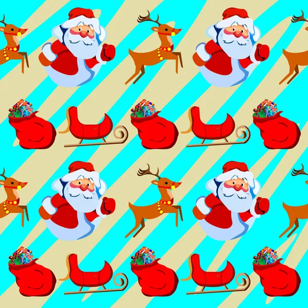 Christmas or new year Wallpaper with Santa Claus his reindeer, sleigh and gift bag. Gifts of different sizes and colors. — Stock Vector