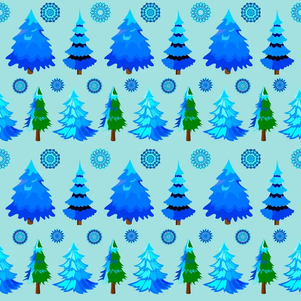 Weihnachten oder Neujahr Tapete mit Weihnachtsbäumen und Schneeflocken auf blauem Hintergrund. — Stockvektor