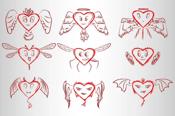Herzen mit unterschiedlichen Flügeln. Herzen in Form von Engeln, Dämonen, Feen, Vögeln und Insekten. — Stockvektor