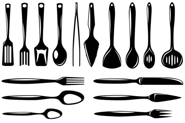 Conjunto de iconos de utensilios de cocina aislados skimmer, cucharón, cuchara pequeña, cuchara de drenaje, rebanada y otros . — Vector de stock