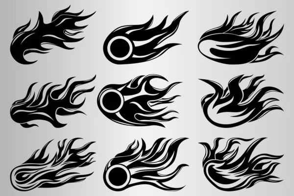 Set of nine black and white drawings of the fire. Fire tattoo illustration. — 스톡 벡터