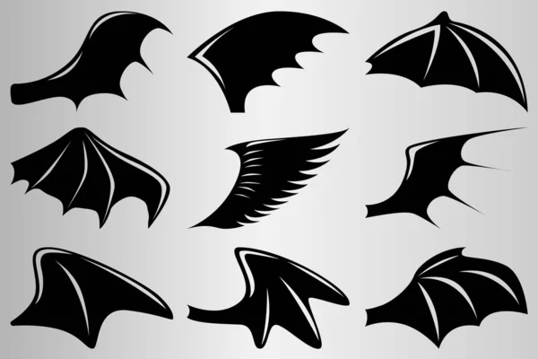 Ensemble de différentes ailes, démons et chauves-souris. La silhouette des ailes. Dessin pour tatouage . — Image vectorielle