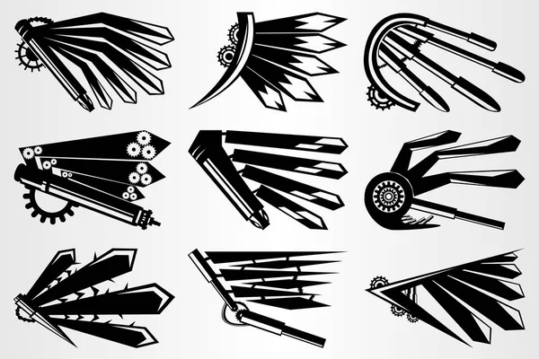 Un conjunto de alas de robot del futuro. Alas en el estilo de manga. Conjunto de alas en blanco y negro de varios mecanismos. Al estilo cyberpunk. Dibujo tatuaje . — Vector de stock