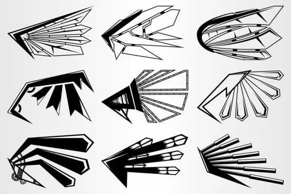 A set of robot wings of the future. Wings in the style of manga. Black and white set of wings from various mechanisms. The cyberpunk style. Tattoo drawing. — Stock Vector