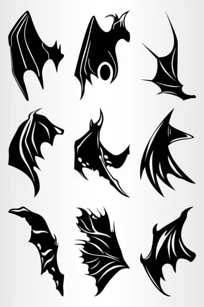 Conjunto de diferentes alas, demonios y murciélagos. La silueta de las alas. Dibujo para tatuaje . — Archivo Imágenes Vectoriales