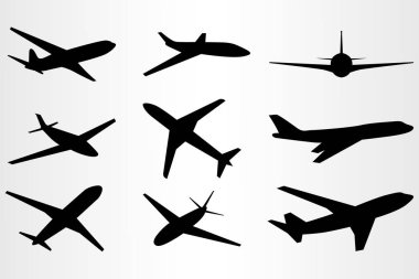 Dokuz adet uçan uçak silueti seti. Seyahat ihtiyaçları için ayarlandı.