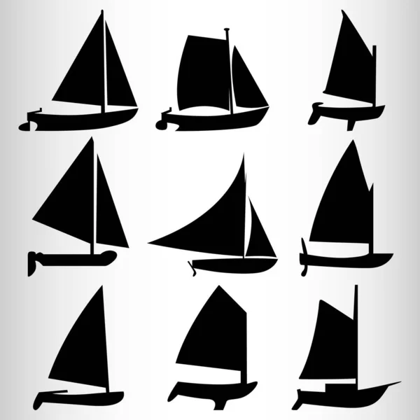 Zestaw ikon sylwetki żaglówki. Zestaw dziewięciu łodzi sportowych. Sporty morskie. — Wektor stockowy