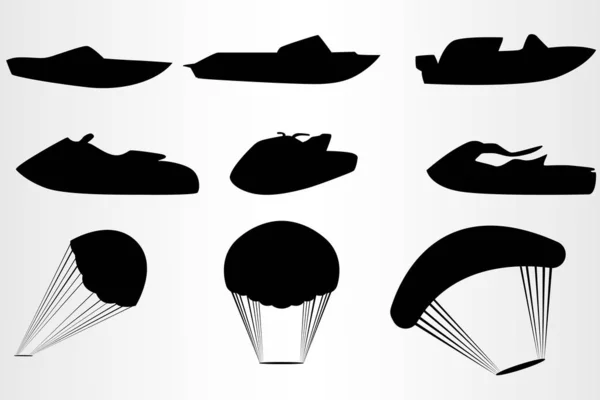 Un conjunto de nueve elementos para un vuelo en paracaídas sobre el agua, un barco, un scooter de agua, etc. Deportes extremos en el mar, entretenimiento en la playa . — Archivo Imágenes Vectoriales