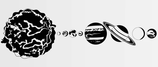 Черно-белые изображения Солнечной системы, всех планет. Солнце, земля, Марс, Уран, ртуть и т.д. . — стоковый вектор