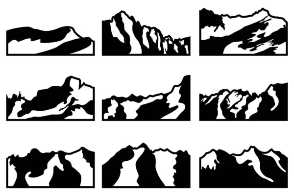 Набір з дев'яти ілюстрацій гір і скель. Піктограми для туристичних буклетів, плакатів тощо . — стоковий вектор