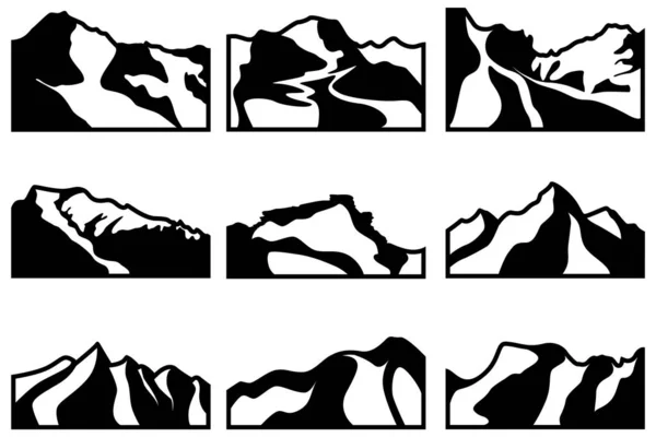 Набір з дев'яти ілюстрацій гір і скель. Піктограми для туристичних буклетів, плакатів тощо . — стоковий вектор