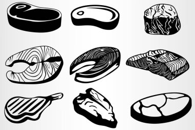 Dokuz tane balık ve biftek. Restoranların menüsündeki resim, yemek odalarının tasarımı, vs..