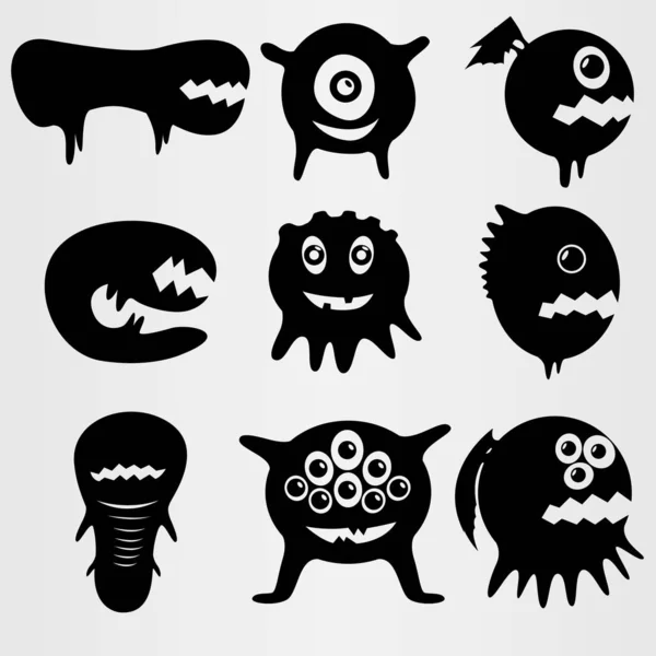 Um conjunto de nove pequenos monstros. Pequenas criaturas negras . — Vetor de Stock