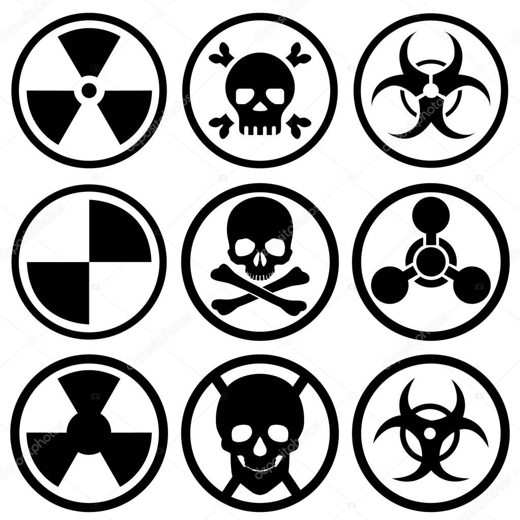 A set of nine different icons. Bio-attack, nuclear danger, bio-danger, and more.