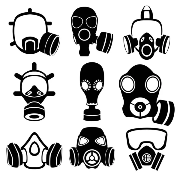 Máscaras antigás militares y civiles. Iconos de la epidemia. Química y bio-defensa . — Vector de stock