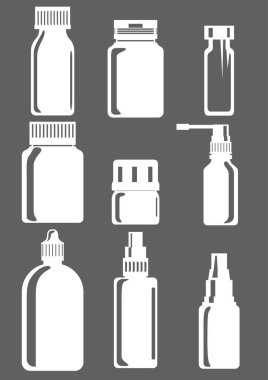 Çeşitli tablet ve spreylerden oluşan dokuz kavanoz. Çeşitli tedavilerin metodu. Hastalıkların tedavisinde kişiye yardım.