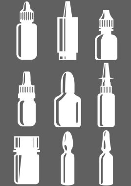 Çeşitli tablet ve spreylerden oluşan dokuz kavanoz. Çeşitli tedavilerin metodu. Hastalıkların tedavisinde kişiye yardım.