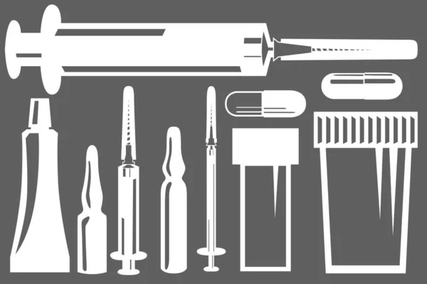 Ett set med nio illustrationer av sprutor, testburkar med mera. Metod för olika behandlingar. Bistånd till en person vid behandling av sjukdomar. — Stock vektor