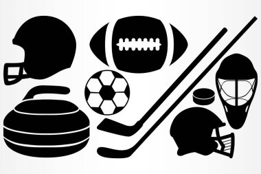Spor malzemeleri seti. Hokey ve Rugby kaskları, hokey sopaları, disk ve rugby topu..