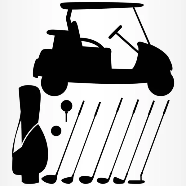 Set golfuitrusting. Golf auto met een tas voor clubs. Set clubs voor verschillende gaten. — Stockvector