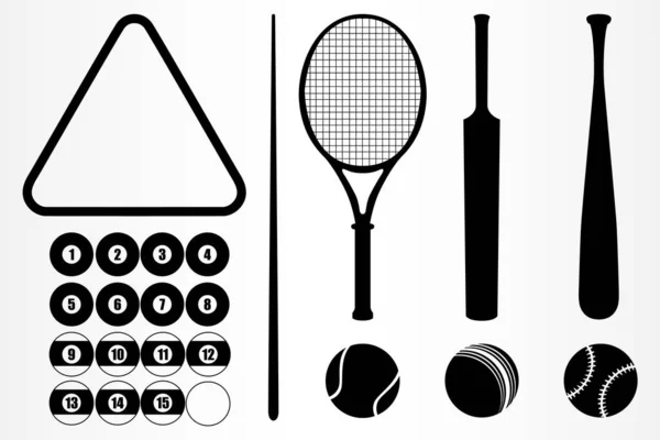 Conjunto de equipamiento deportivo. Raqueta, bate, taco, varias bolas, etc. Juego de tenis, cricket, béisbol y billar . — Vector de stock