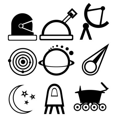 Uzay ve kozmonotik gün temalı dokuz soyut simge seti. Astronotun miğferi, teleskobu, uydu anteni, Jüpiter, kuyruklu yıldız, Ay Gezgini, vs..